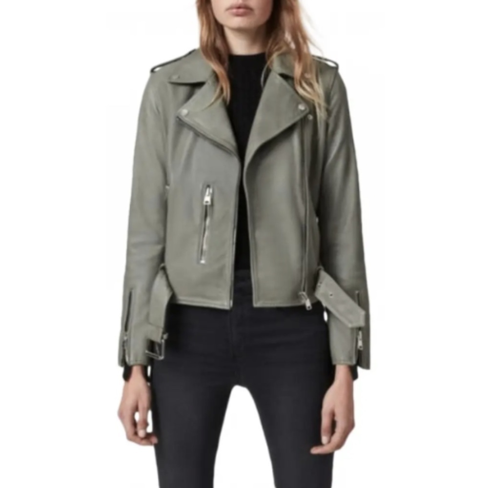 NWT All Saints Balfern Full Zip Leather Biker Jacket in Sage Green Sz. 00